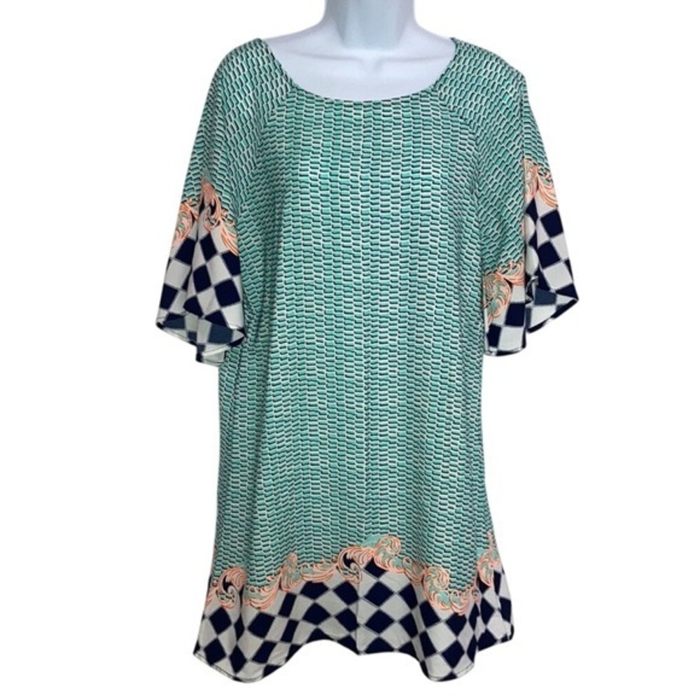 Tyche USA Teal Geometric Checkered Bell Sleeve Shift Dress Womens Medium